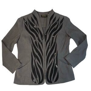 Bob Mackie Wearable Art Sz Med Gray Sequin Zebra Jacket Y2K Glam Zip Blazer Diva